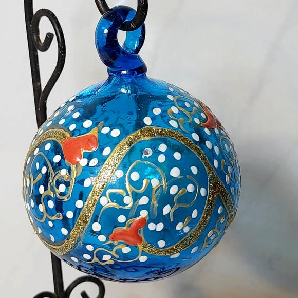 Beautiful Blue Blown Glass Christmas Ornament with Accents of Gold-Red-White - Picture 3 of 4